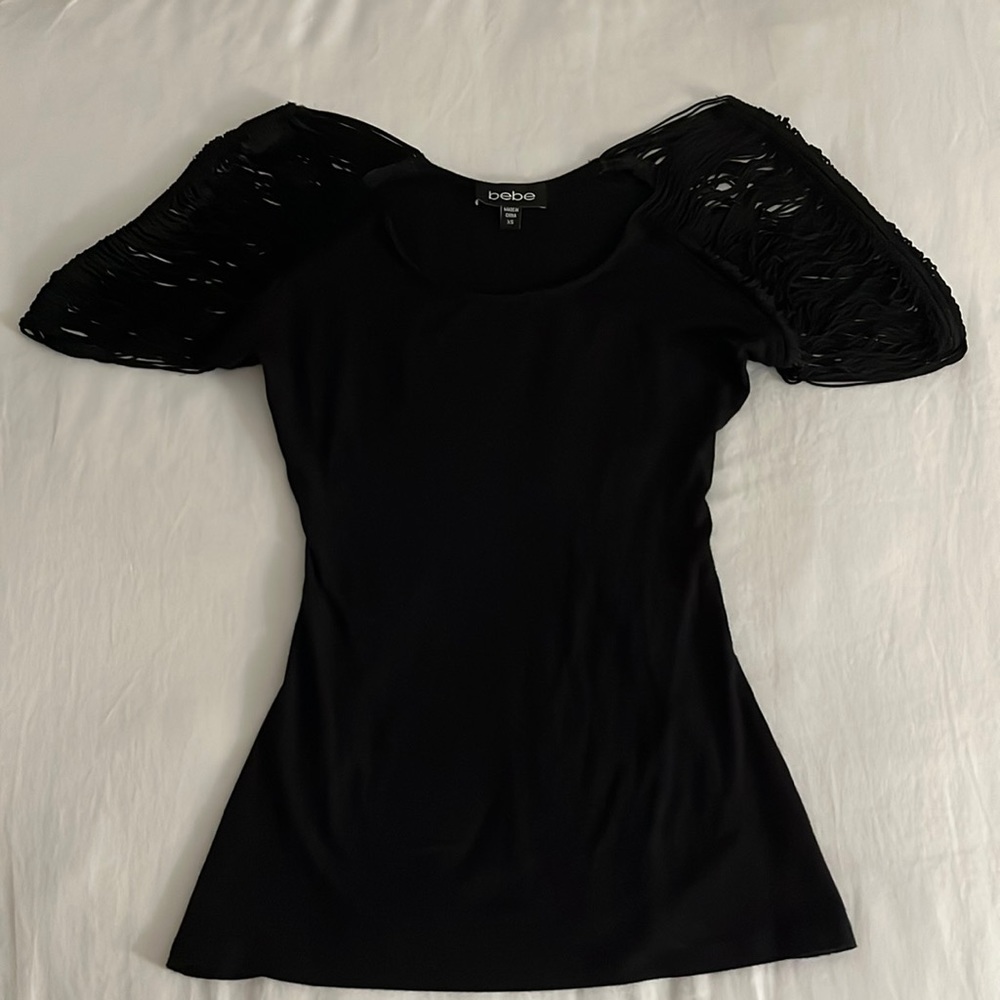 Bebe Black Shirt with Tassel Sleeves and Back Cutout, Size XS